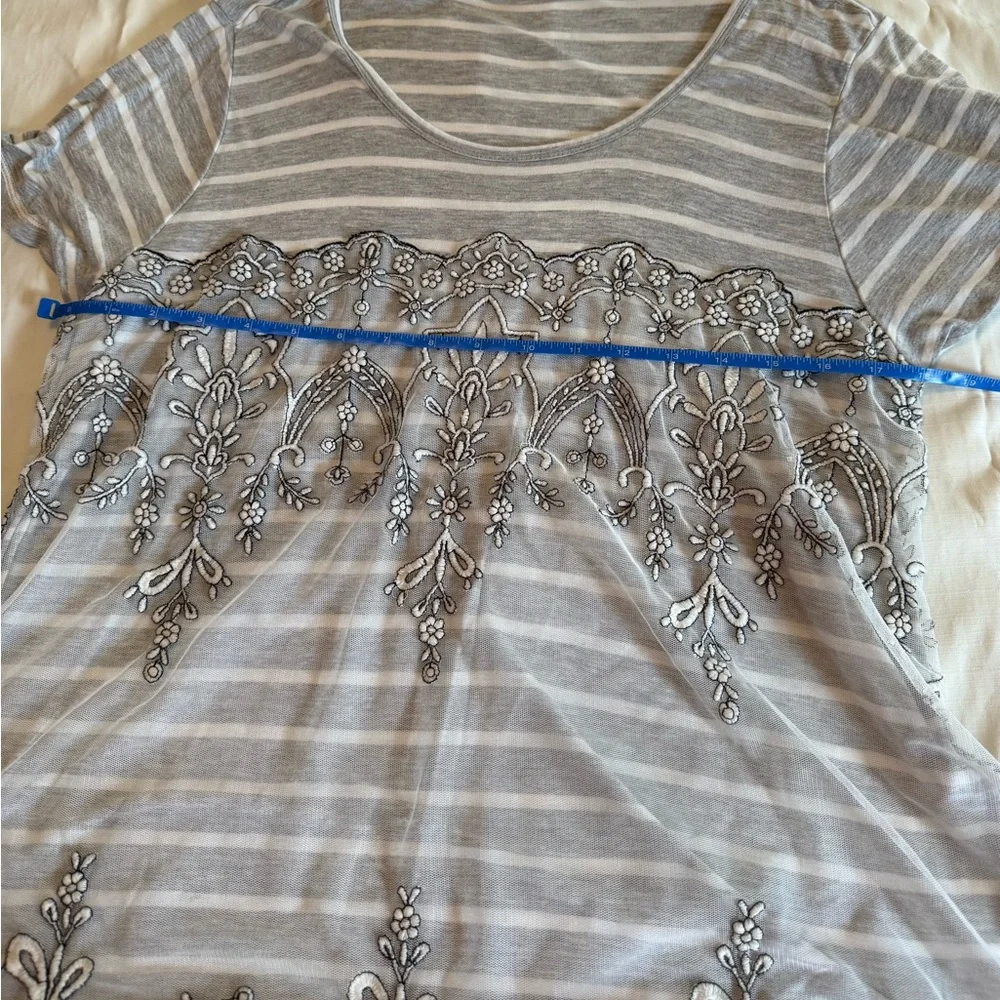 Maurices Gray and White Striped Embroidered Scoop Neck Top with mesh overlay - Picture 4 of 8
